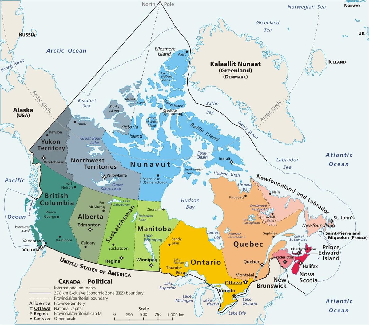 barevná mapa Kanady s provincií