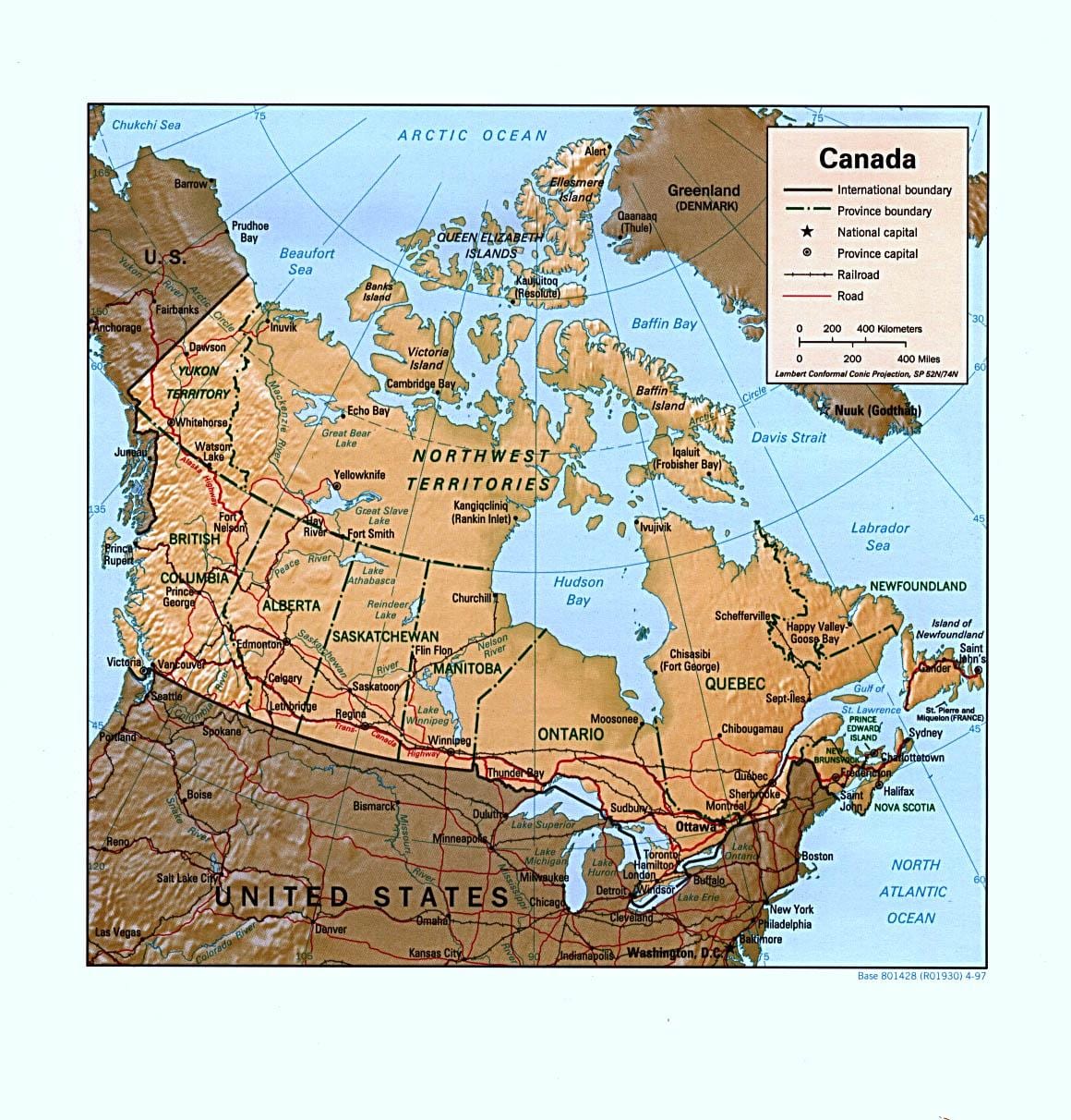 mapa Kanady tvary zemského povrchu